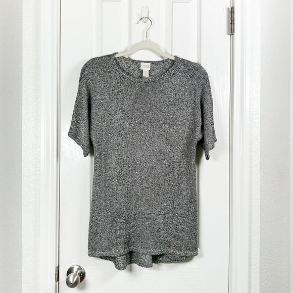 Chico's Sweaters - Chico’s Silver Sequin Knit Sweater Top Short Sleeve Party Holiday Women’s 0 XS/S